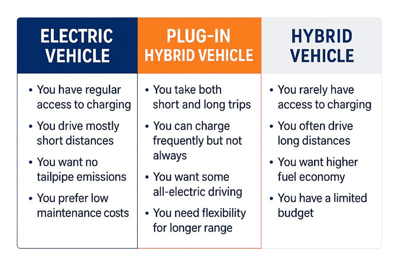 Electric Car vs. Hybrid vs. Plug-in Hybrid Car: Which Is Best for You? infographic.