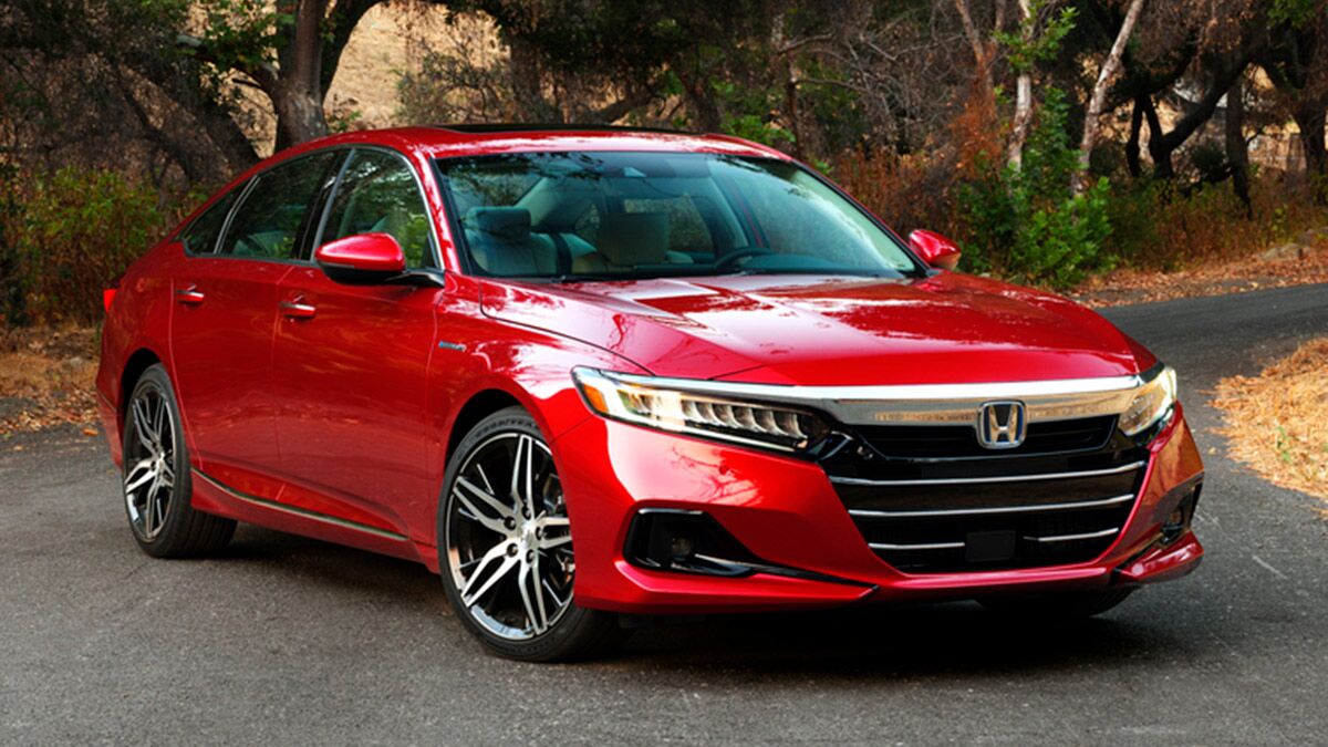 2022 Honda Accord Hybrid in red.