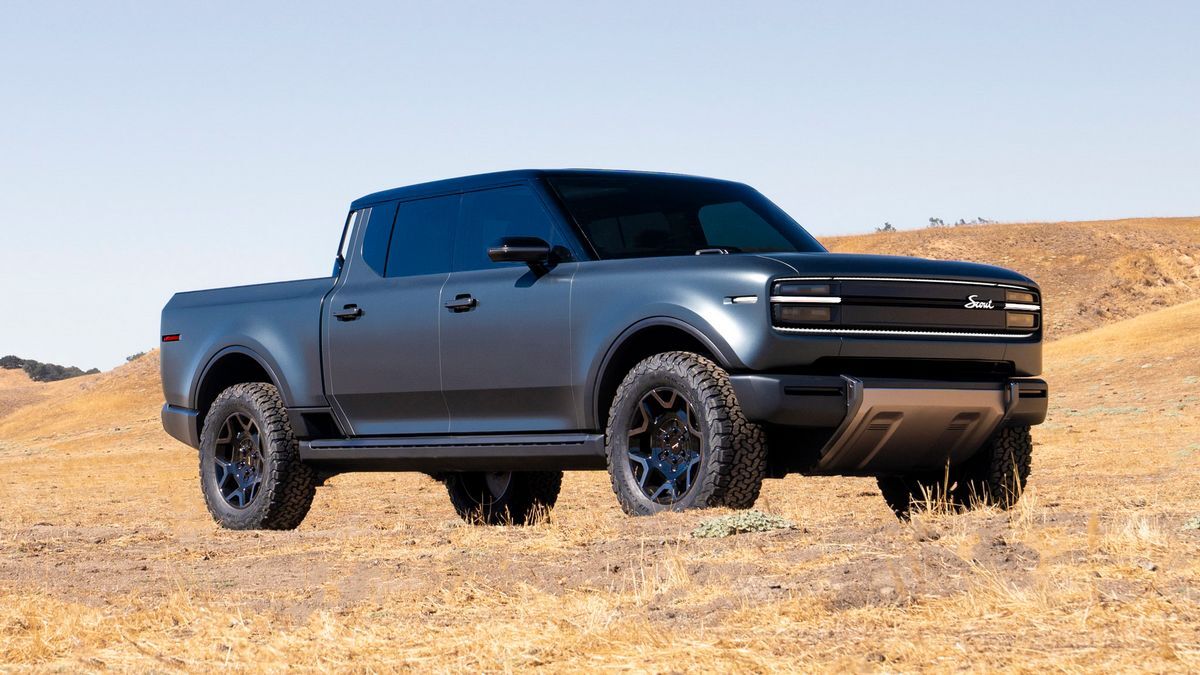 New Scout Terra pickup truck in a field. 