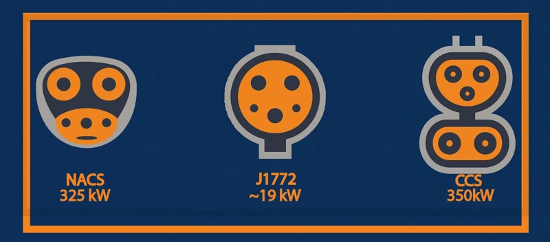Common types of EV charging ports and respective charging speeds.
