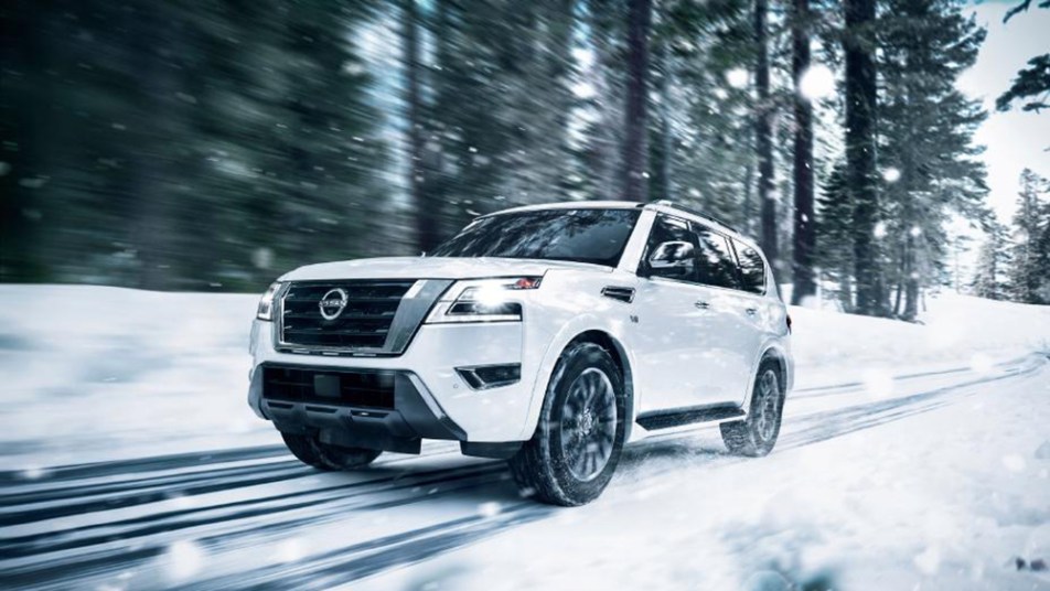 2022 Nissan Armada Driving in The Snow in Aspen White