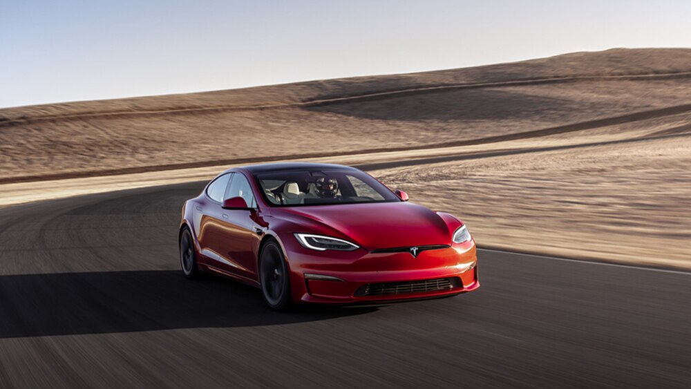 2022 Tesla Model S Plaid Driving in Red