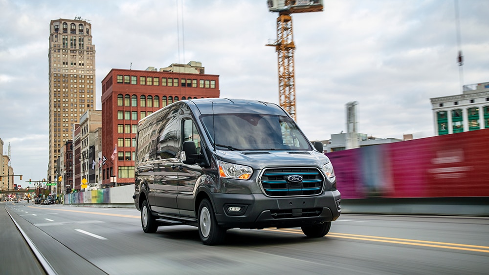 2022 Ford E-Transit Driving in Grey
