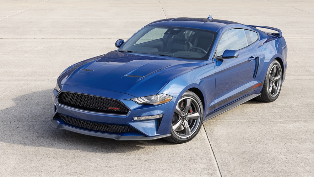 2022 Ford Mustang GT Premium front left in blue