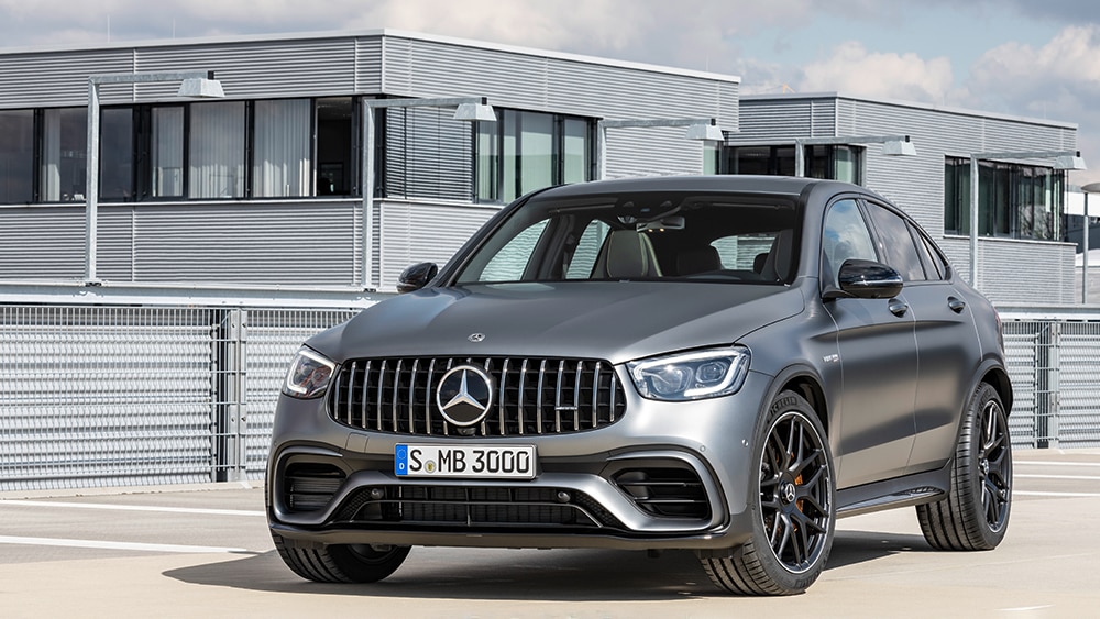 2022 Mercedes-Benz AMG GLC 63 S Coupe Front Left in Mojave Silver