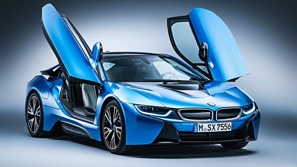 A BMW i8 with the doors open.