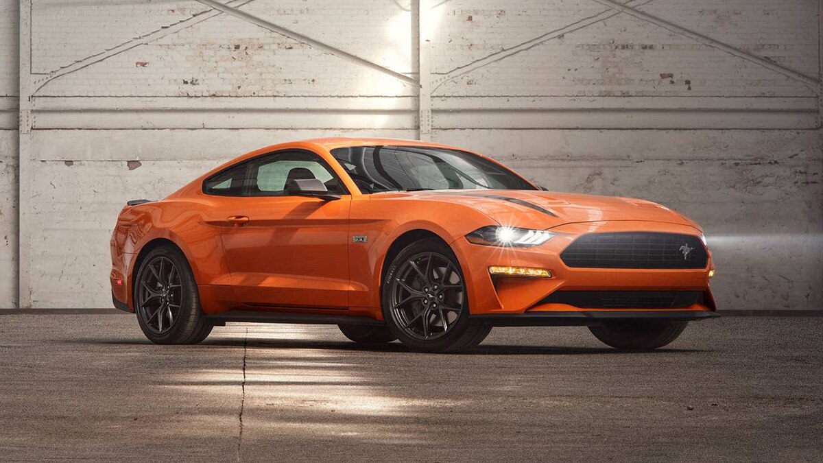 2021 Ford Mustang front right in orange