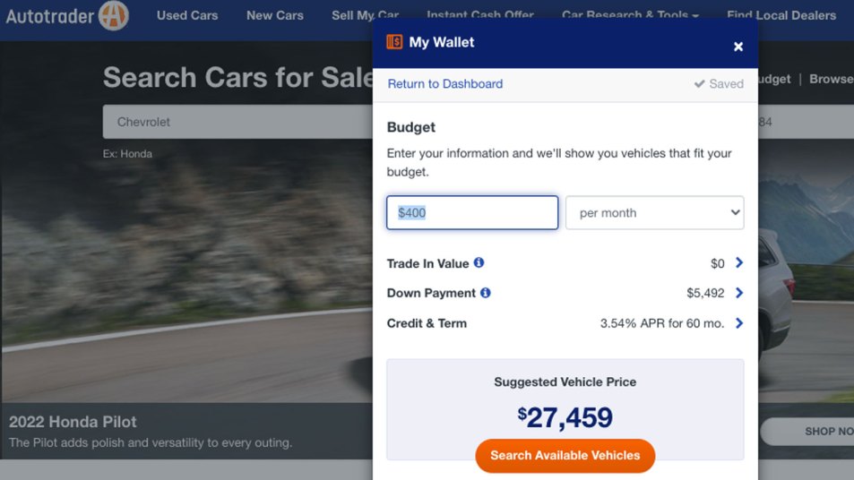 Autotrader MyWallet tool