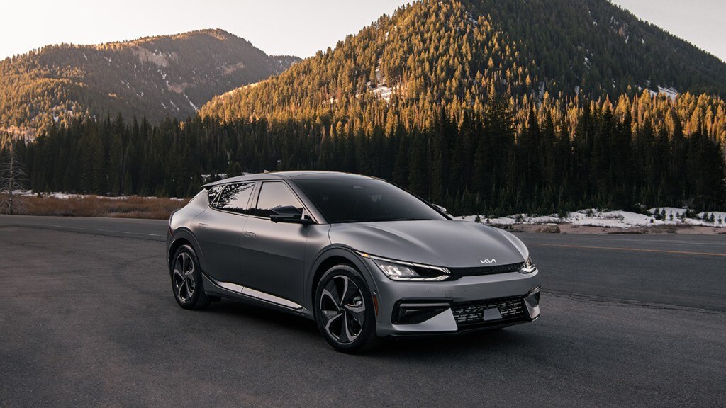The 2023 Kia EV6 in grey, seen from a front quarter angle