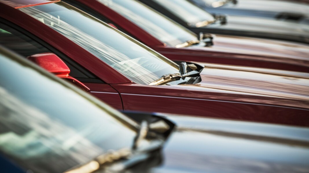 A row of automobiles for sale on a car lot.
