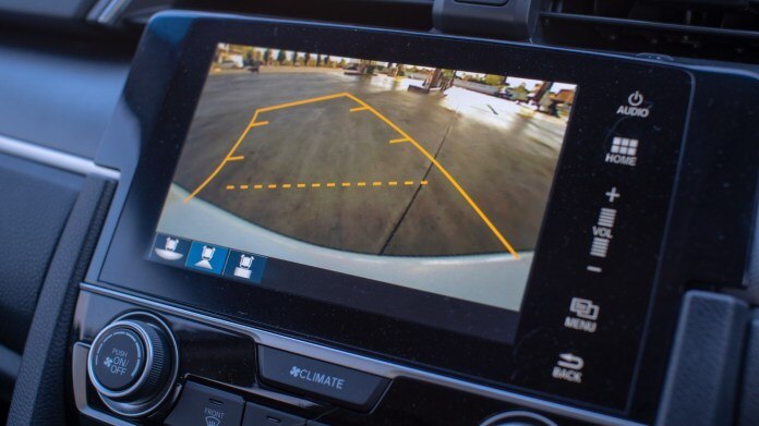 A car's rear view camera display.