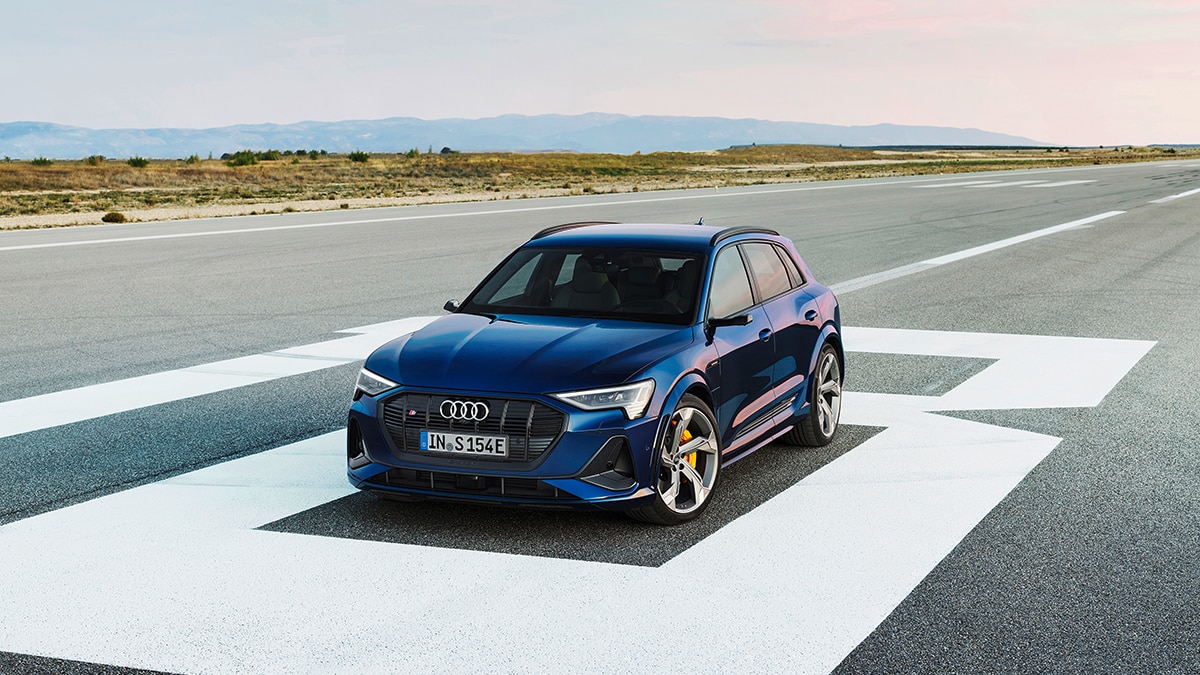 2023 Audi e-tron S front left in blue