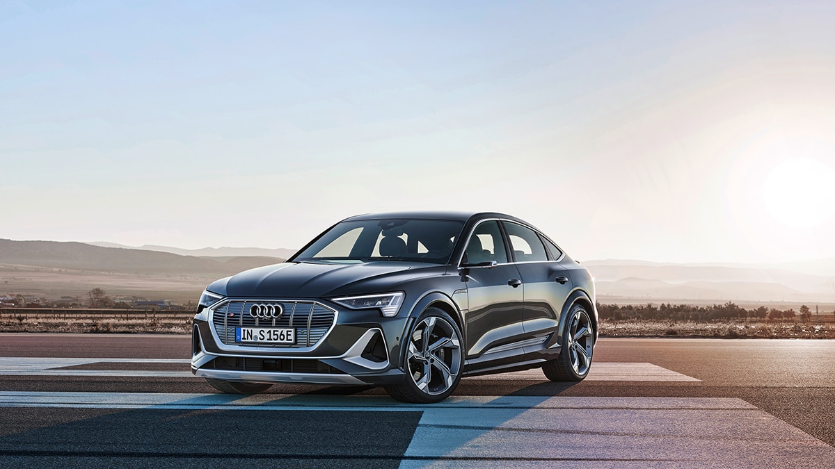 2023 Audi e-tron S Sportback front left in black