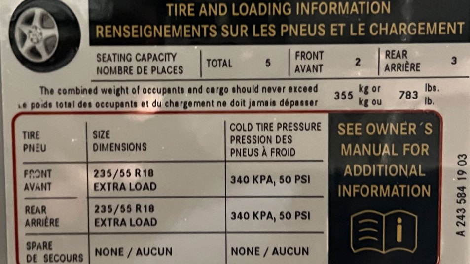 Tire pressure label inside driver's door of Mercedes-Benz EQB