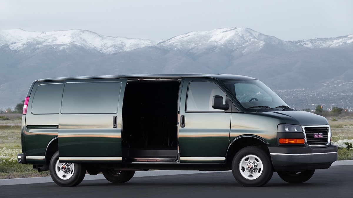 2023 GMC Savana Cargo in green.