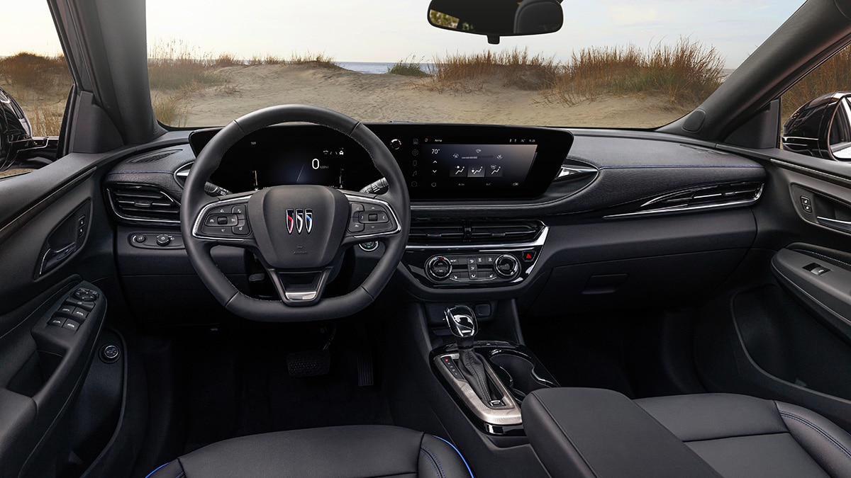 View of 2024 Buick Envista ST front cabin in Ebony with Santorini Blue accents. Preproduction model shown. Actual production model may vary. Available in summer 2023.