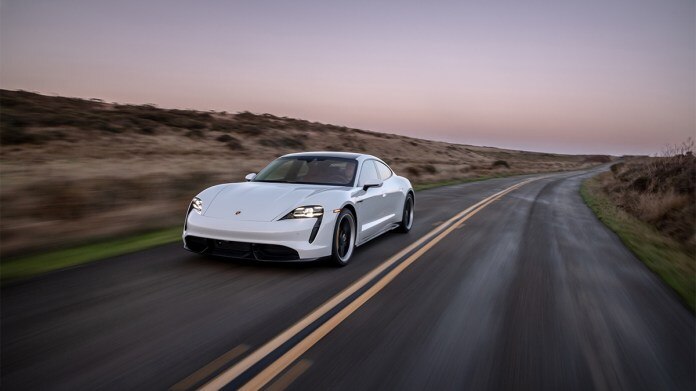 2023 Porsche Taycan in white.