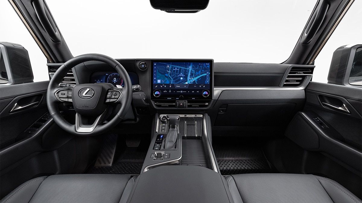 The 2024 Lexus GX has six USB ports, a leather-trimmed steering wheel, and a massive 12.3-inch information touchscreen. 