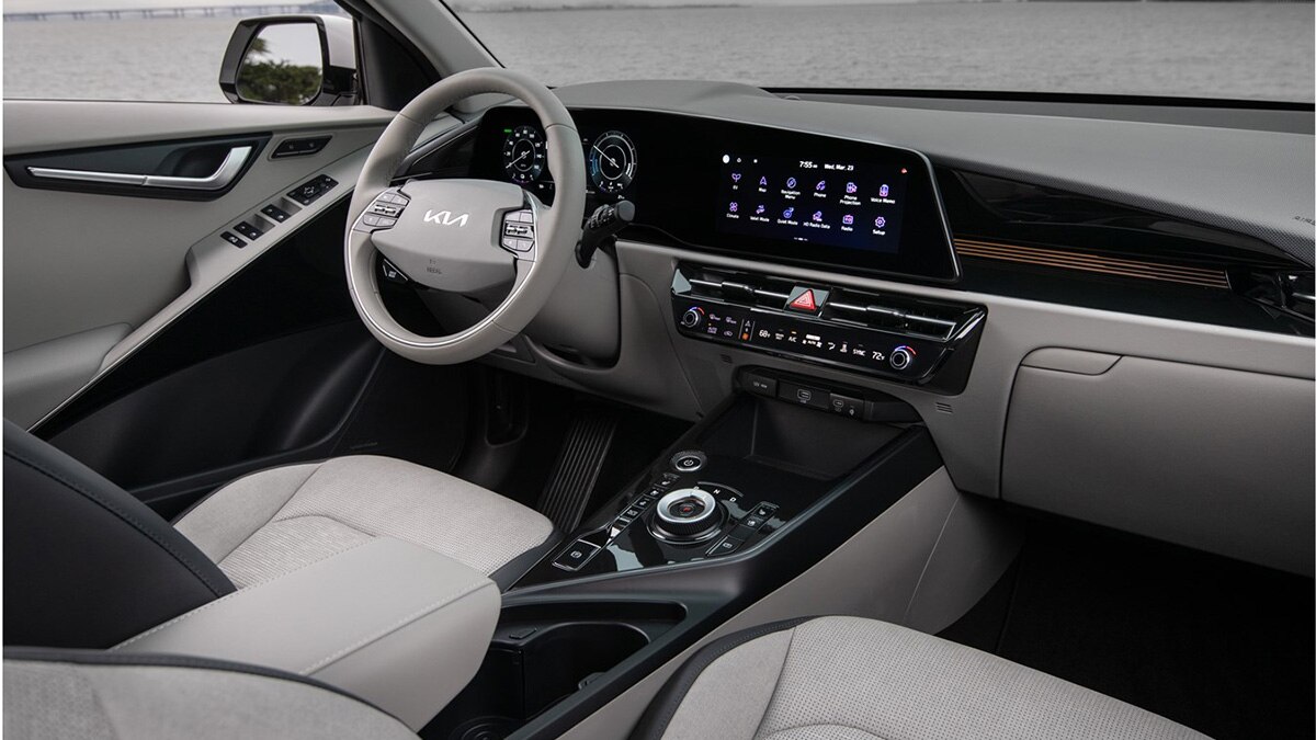 The 2024 Kia Niro Wave features perforated SynTex seat trim, shown here in Gray and Charcoal. 