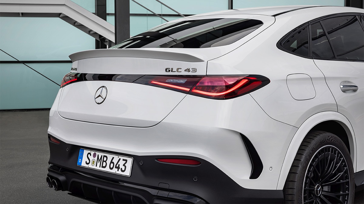 The 2024 Mercedes-AMG GLC 63 Coupe rear-end in white.