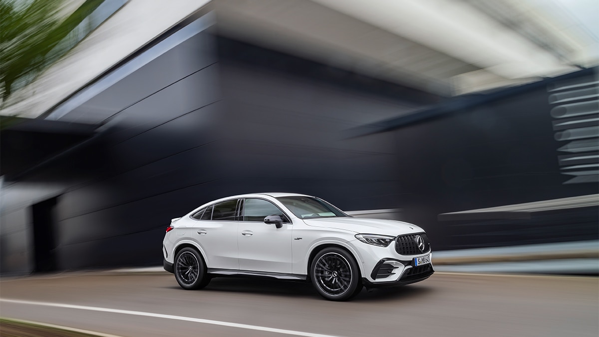 The 2024 Mercedes-AMG GLC 63 Coupe in white.