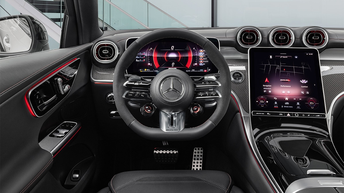 The 2024 Mercedes-AMG GLC 63 Coupe steering wheel.