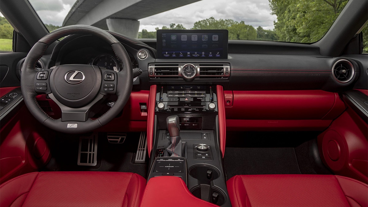 The 2024 Lexus IS interior in Circuit Red NuLuxe.