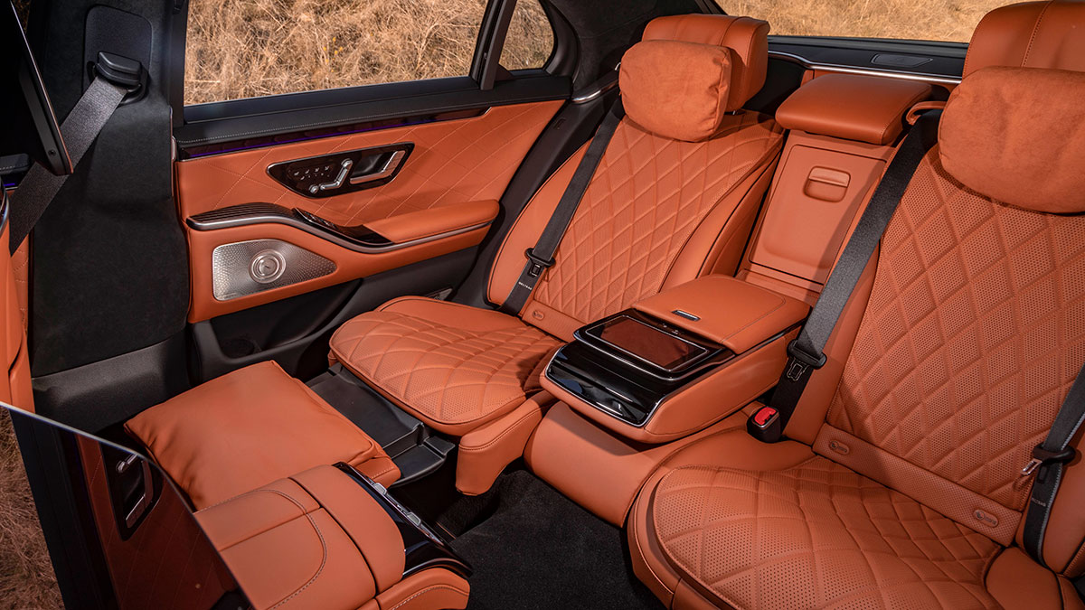 First-Class air travel? No, just the sumptuous back seat of the 2024 Mercedes-AMG S 63 E Performance. 
