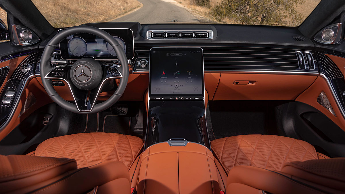 A driver's eye view of the stylish Mercedes-AMG S 63 E Performance interior. 