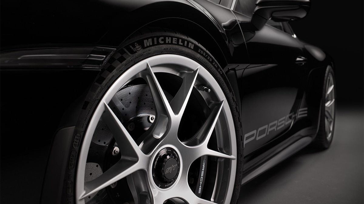 The new 911 S/T is equipped with magnesium wheels as a weight-savings measure.