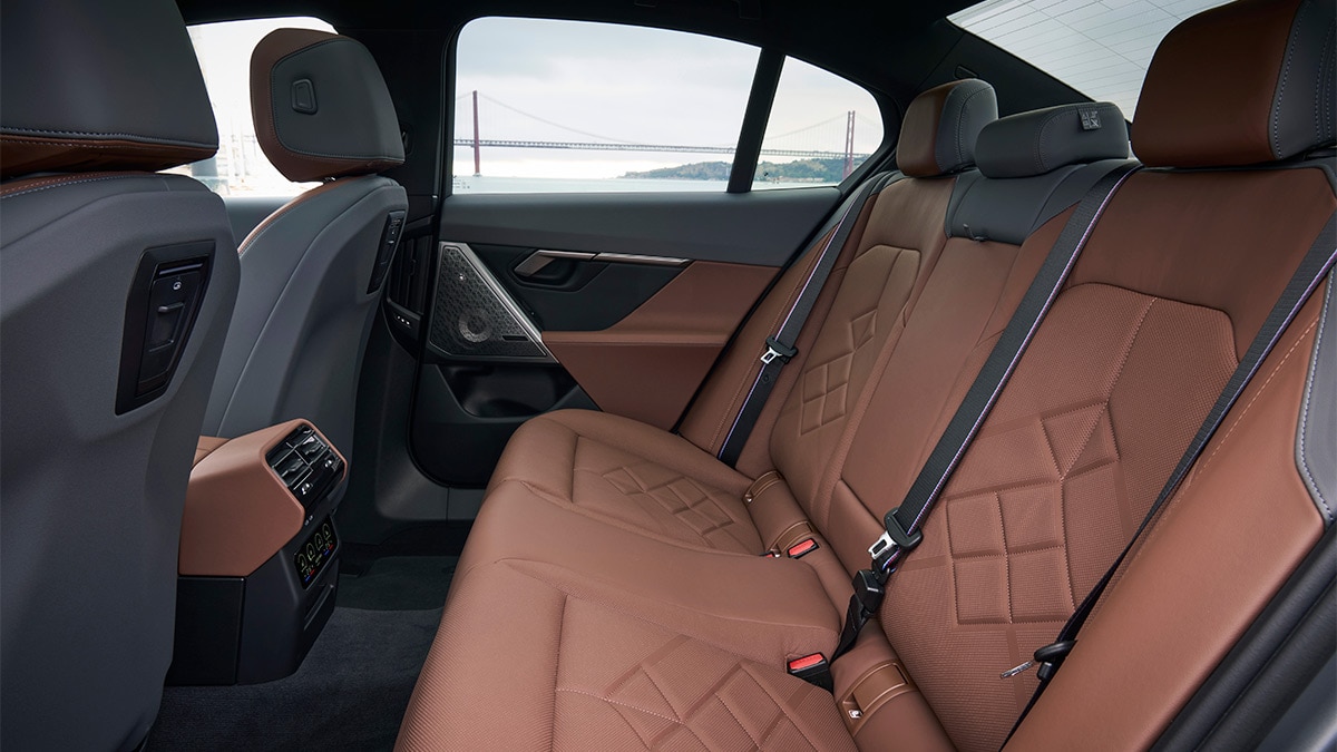 There's plenty of room in the back of the 2024 BMW i5. This is the M60 with M Alcantara and Veganza upholstery