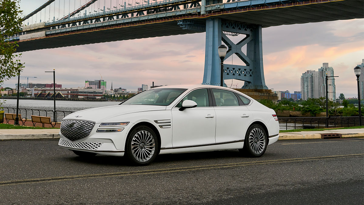 The 2024 Genesis Electrified G80 in Verbier White Matte, a $1,500 option. 