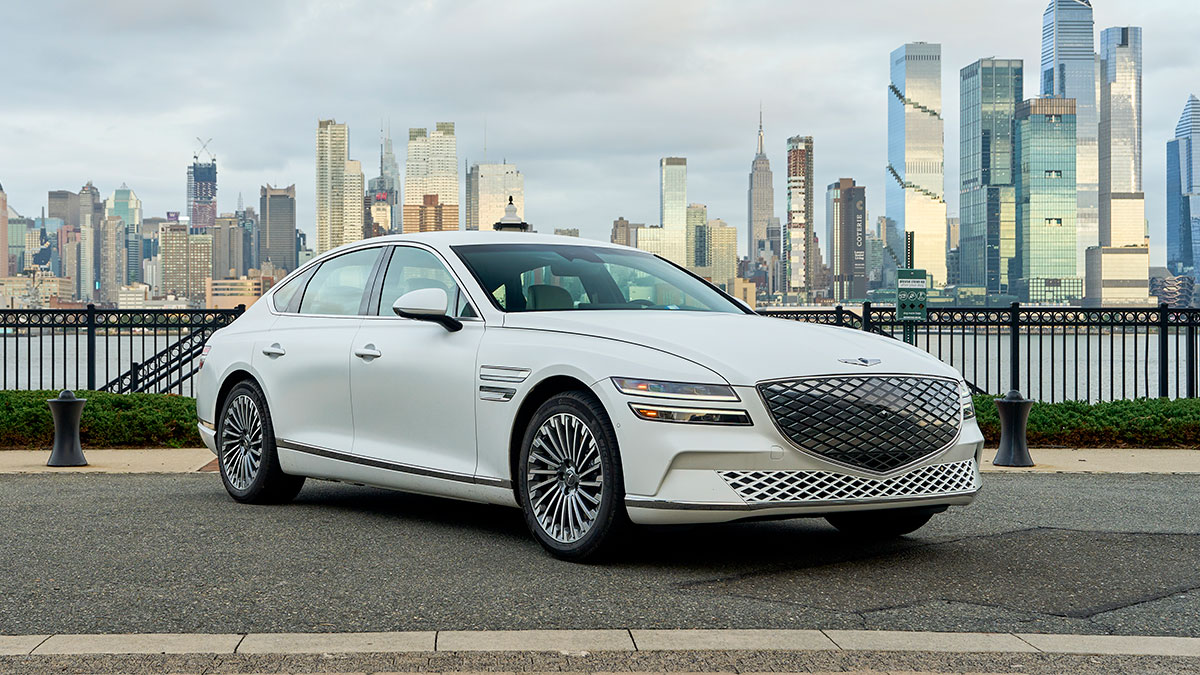 The charging port for the 2024 Genesis Electrified G80 is hidden in the driver's side of the grille. 