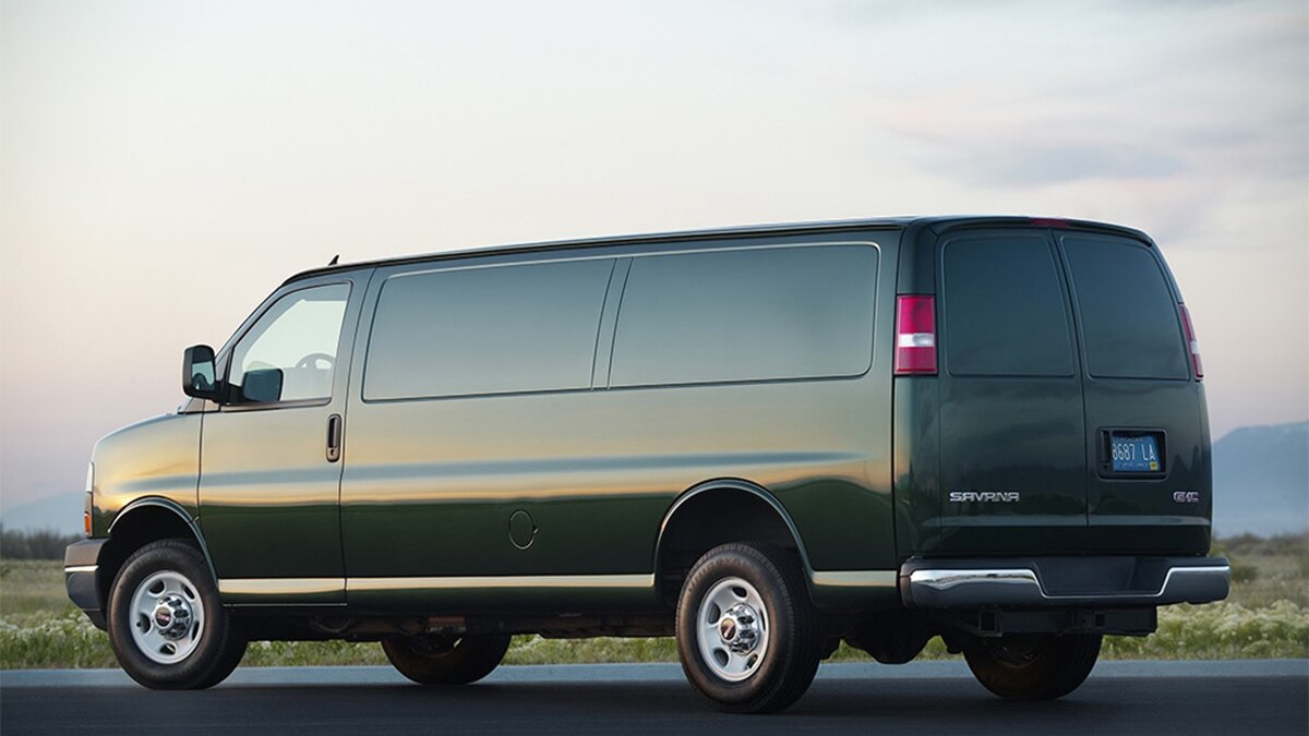 2024 GMC Savana Passenger Van LT has chrome bumpers and an upgraded interior.  