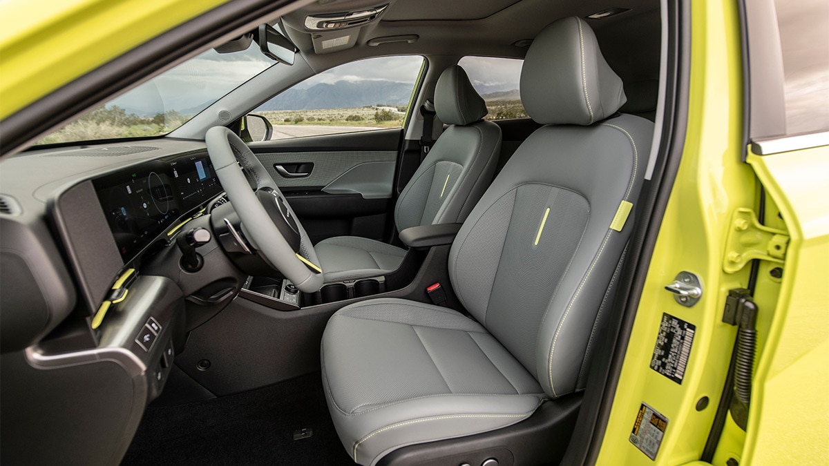 In Limited FWD trim, the 2024 Hyundai Kona Electric gets vented leatherette upholstery and an 8-speaker Bose audio system. 