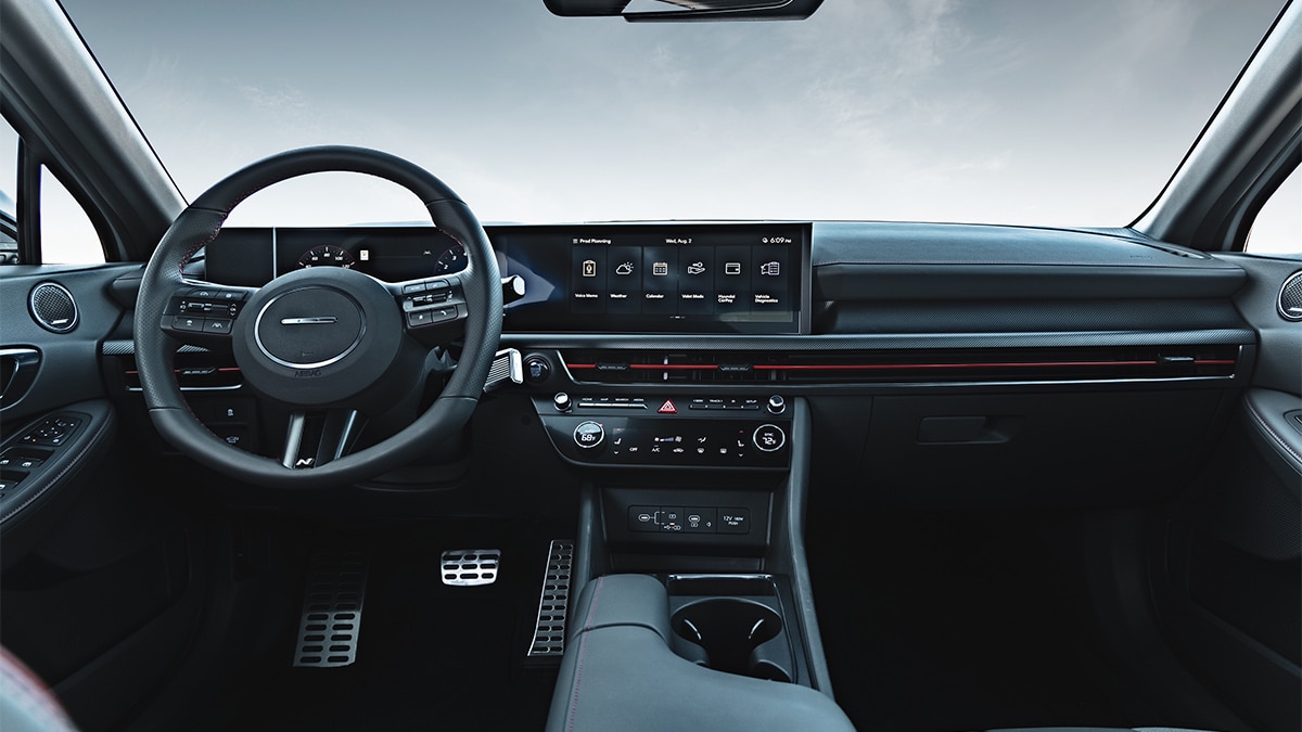 The Sonata's panoramic curved display houses a 12.3-inch driver information cluster and a 12.3-inch infotainment screen.