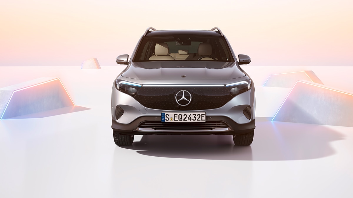 For 2024, the glossy black surface of the EQB's nose now incorporates multiple little Mercedes stars.
