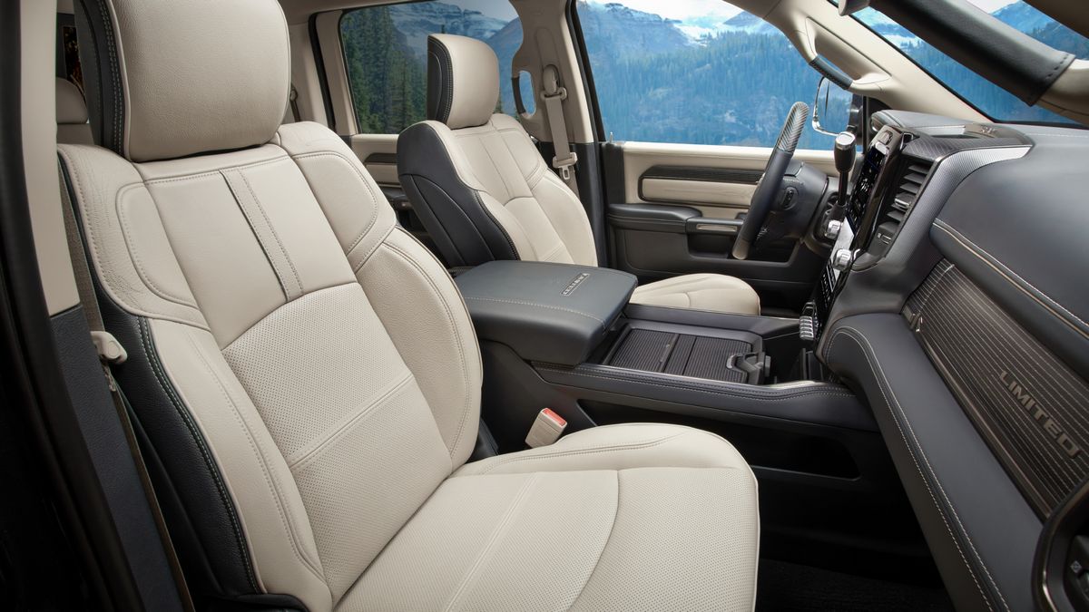 The 2024 Ram Heavy Duty Limited has leather front seats that are heated and cooled. 
