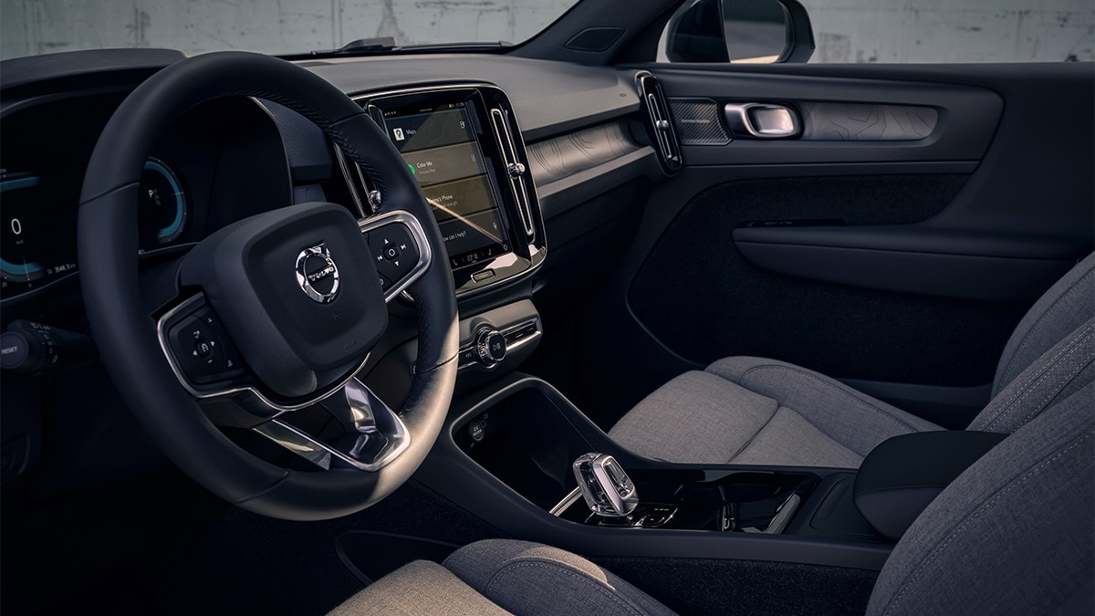 The dash of the Volvo XC40 Recharge has a vertical infotainment screen offering Google Built-in infotainment. 