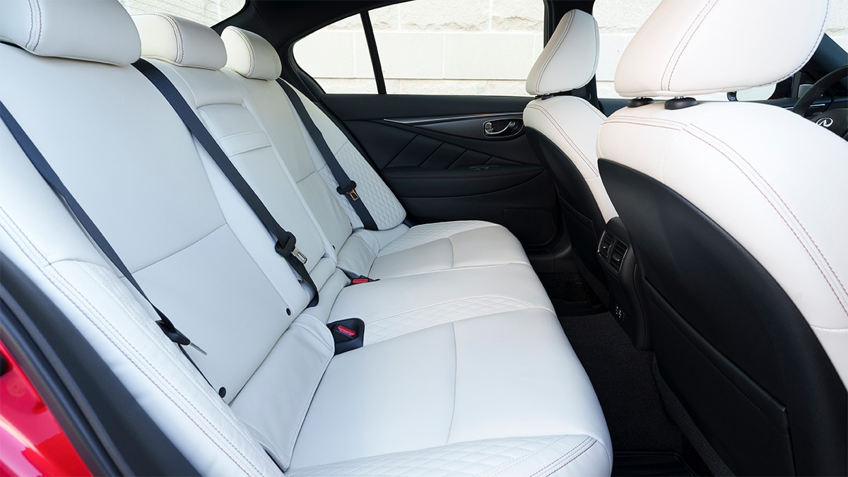 The 2024 Infiniti Q50 Red Sport 400 gets quilted semi-aniline leather upholstery. 