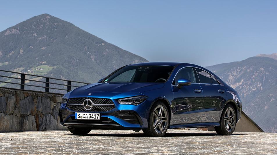 2024 Mercedes Benz CLA in blue parked outside.