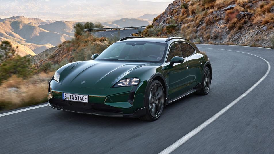 2024 Porsche Taycan Turbo Cross Turismo driving on the road.