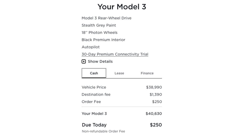 Destination fee for a 2024 Tesla Model 3 on an invoice