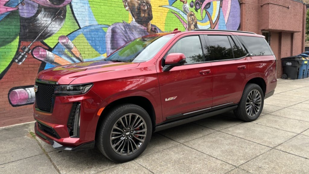 The 2024 Cadillac Escalade V seen from a front quarter angle