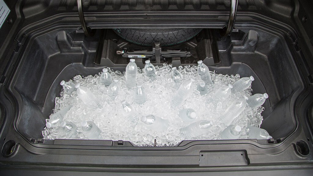 2018 Honda Ridgeline under bed storage with ice.
