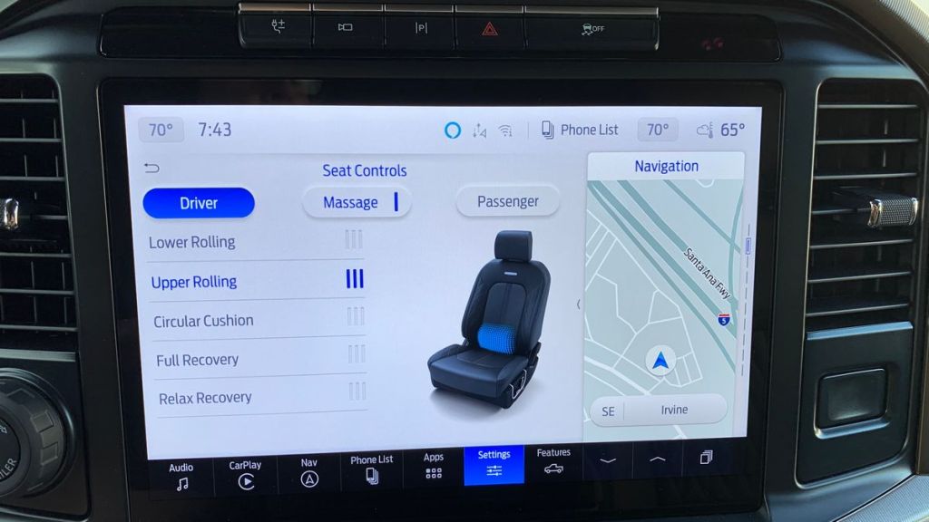 2024 Ford F-150 Platinum massaging seats screen.