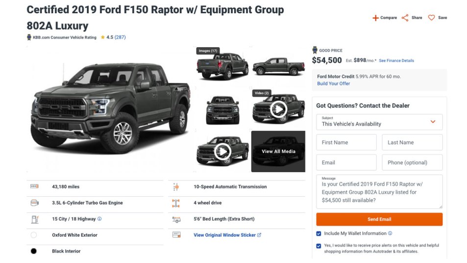 Certified pre-owned 2019 Ford F-150 Raptor on Autotrader listings. 