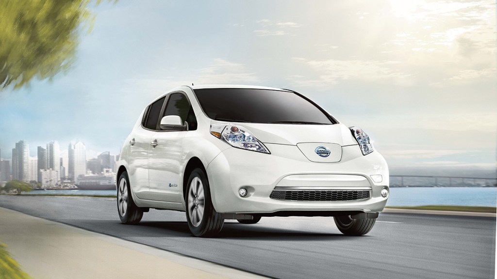 2017 Nissan Leaf in white looking futuristic.