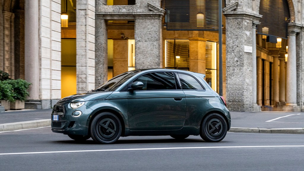 2025 Fiat 500e on the road.